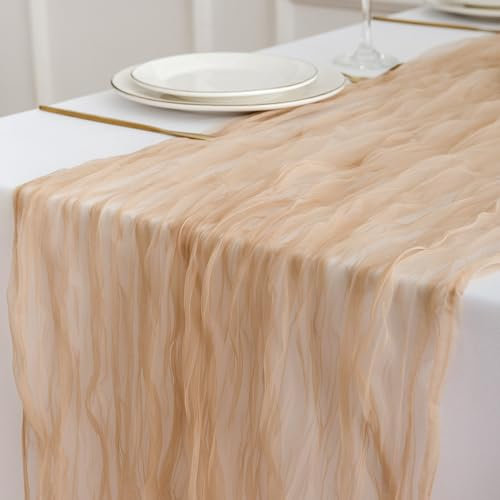 DROMCOM Champagne Käsetuch Tischläufer, 80 x 300 cm Boho Tüll Organza Seihtuch Tischläufer Rustikaler Gaze Stoff Cheesecloth Tischläufer Hochzeit Tischdecke für Hochzeitsfeier Brautparty Tischdeko