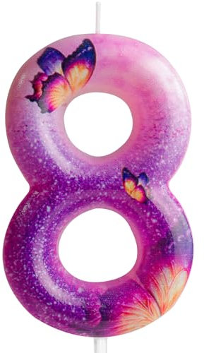 Cxryrzhe Number 8 Butterfly Candle Cake Topper Decoration for Birthday Party, Anniversary, Wedding, Purple, Unscented