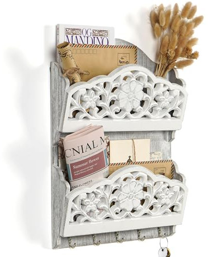 JAZUIHA Trieur de courrier vintage et porte-clés - Organiseur mural décoratif avec 5 crochets, 2 compartiments pour lettres, journaux et magazines - Blanc vieilli - En bois - Pour couloir et bureau