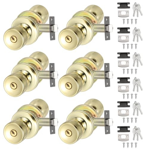 PATIKIL Key Entry Door Knobs Interior, 6 Pack Round Zinc Alloy Bedroom Bathroom Door Knob with Lock Entry Indoor Outdoor Door, Gold