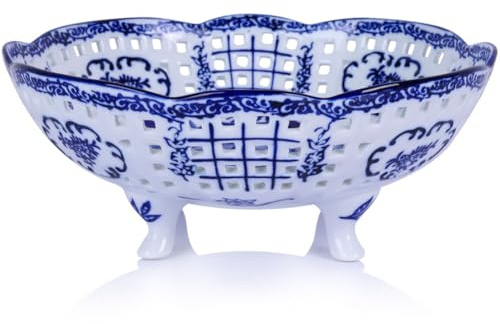QIANLING Assiette à fruits creuse tissée en céramique bleue et blanche (24 cm)