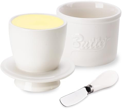 Beurrier Français, Beurrier à Eau en Céramique avec Couvercle et Couteau, Refroidi à l'eau, Pot à Beurre avec Ligne d'Eau pour Beurre Frais à Tartiner