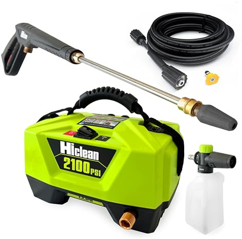 Hiclean Lavadora a presión eléctrica, 2100 PSI máximo, ultra compacta, cañón de espuma, turbo y boquillas de ventilador, para lavar coches, patios y vallas