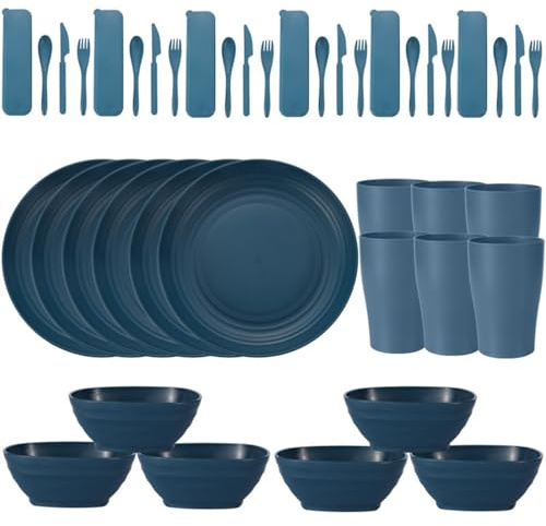 Set di 42 piatti e ciotole infrangibili, in plastica, per 6 piatti, piatti per cereali, tazza/posate, campeggio all'aperto