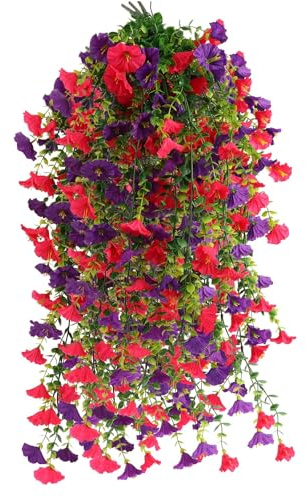msymsyu Fiori artificiali, petunia, 8 pezzi, rosa, viola, 80 cm, piante artificiali sospese, piante artificiali da appendere e sospese, ideali per balconi ed esterni