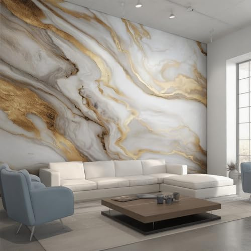 Generisch Vlies Fototapete Weiß Gold Marmor 350x256 cm (B x H), Tapete Modern Abstrakt Fluid Art Wandtapete Wohnzimmer Schlafzimmer Vliestapete, Wanddeko Motivtapeten