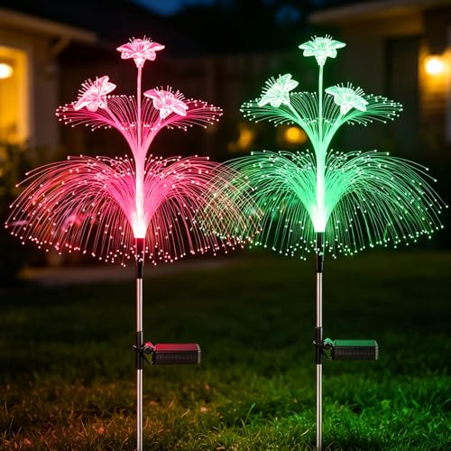 Solarlampen für Außen Garten, 2 Stück Lilien Quallen Solarleuchten für Garten, Solar Gartenstecker, IP65 Wasserdicht Lilien LED Gartenleuchten Solar, Gartenbeleuchtung für Rasen Balkon Hof Weg Garten