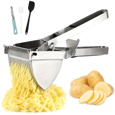 Prensa Patatas de Acero Inoxidable – Pasapures Acero Inoxidable con Capacidad 650ml, incl. Pelador, Cepillo de Limpieza y Espátula de Silicone