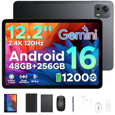 P12 Plus Tablet 12 Pollici Android 16, 48GB+256GB, WiFi, Widevine L1, Nero | Display IPS 2.4K 2400×1600 120Hz, UNISOC T7300 Octa-Core, 48GB RAM + 256GB UFS, Batteria 12000mAh 18W, Gemini AI