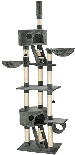 tectake® Albero Tiragraffi per Gatti, con 2 Casette, 3 Piattaforme, Altezza Regolabile 243-260 cm, Barre in Sisal 8 cm di Diametro, Ideale per Gioco e Riposo - Grigio