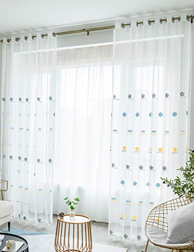 Lactraum Vorhang Kinderzimmer Transparent Weiß mit Ösen Stickerei Fußball Basketball Rugby Baseball Voile 100 x 245 cm