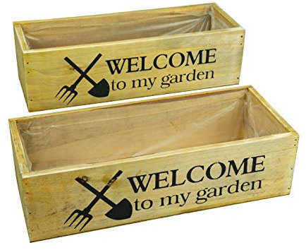 HRB 2er Set Blumenkästen Pflanzen eckig Vintage, Töpfe Set mit Innenfolie ideal als Kräutergarten, Holzkisten für die Anzucht von Blumen, Blumentopf mit hübscher Aufschrift