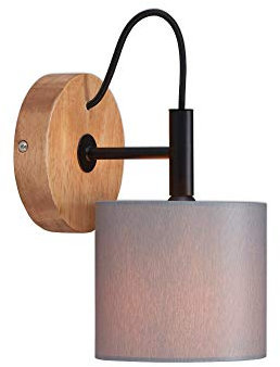 Briloner Leuchten - Spotleuchte, Wandspot, Wandleuchte retro, vintage, 1x E14, Metall-Holz inkl. Stoffschirm in grau, 125x178mm (DxA), 2075-014, Schwarz-holz-grau