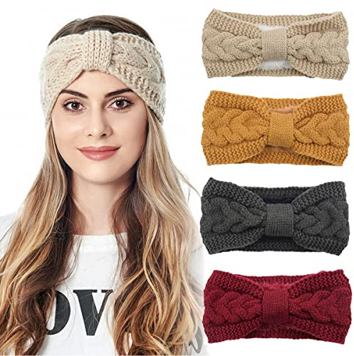 Simoda 4 Pieces Women Winter Warm Fuzzy Fleece Lined Headband Thick Cable knitted Ear Warmer Headwrap (#3)