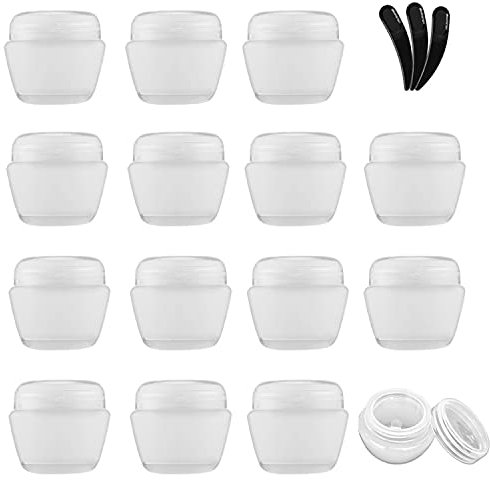 Yalbdopo 15 Pieces 20ml / 20g Empty Clear Cosmetic Sample Container with 3Pcs Mini Spatulas & 18 Labels, Plastic Refillable Travel Pot Jars with Lids and Inner Liners for Makeup Creams Beauty Nails