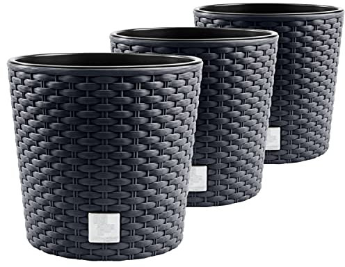 PAFEN 3X Blumentopf RATTO Rattan-Optik Kunststoff Topf Blumenkübel inkl. Einsatz Übertopf Anthrazit ⌀30cm