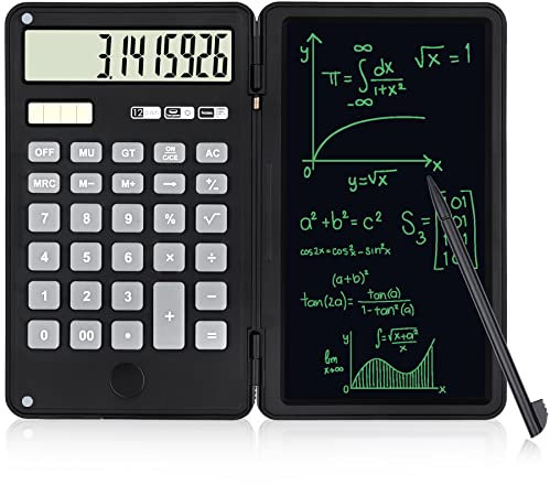 SISYS Calculator with 6 Inch Erasable Writing Tablet, 12-Digit Calculator School Desk Calculator Solar Battery Dual Powered, Portable Basic Calculator Notepad for Home Office School, Black