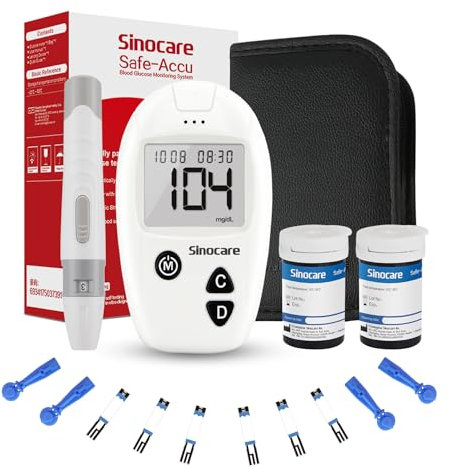 Sinocare Glucometro Misuratore Glicemia nel Sangue, Kit Test Rapido di Zucchero nel Sangue con 50 Strisce Glicemia Reattive per Glucosio - mg/dL (Safe Accu)