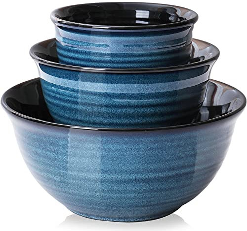 Hasense Ceramic Mixing Bowls Set for Kitchen, Handmade Serving Dishes for Entertaining, 2.1/1.0/0.5 Qt Deep Microwave Safe Nesting Bowls for Storage and Baking, Blue