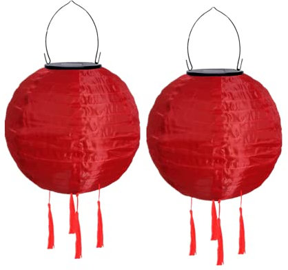 Lampions Außen Wetterfest Solar, LED Solarlaterne Außenlaternen Wasserdicht Solar Lampion mit Quaste Solarlampen Hängende Gartenlaterne Papierlampen Outdoor Ballform Papierlaterne, 20cm (2pcs-Rot)