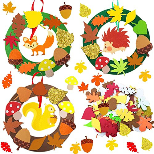 Seasboes Herbst Basteln Kinder Set, 131 Stück Kränze Igel Bastelset, DIY Weihnachtsdekoration aus Filz für Festliche Geschenk, Weihnachtskränze, das Erntedankfest, Kränze Bastelset für Kinder