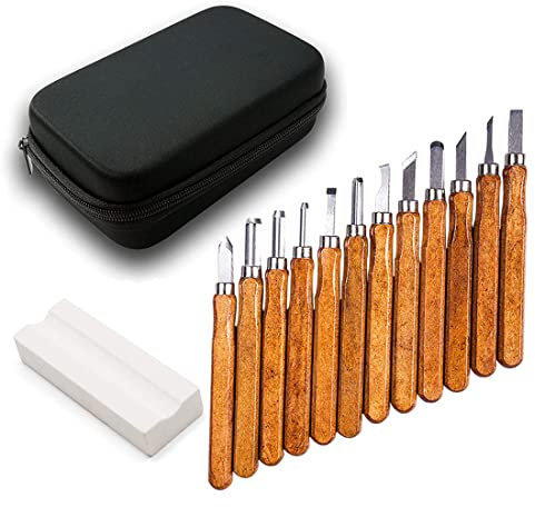 VIVIIHOO 12 Piezas de Cuchillos para tallar + 1 Piedra de afilar + Bolsa de Cuchillos para tallar Madera para Madera, Frutas, Verduras, Tallado y Encerado de Bricolaje (Longitud 141 mm)