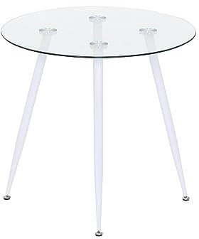 MOG CASA Mesa de Comedor Fija Redonda Corin | 80 x 80 x 75 cm | Ideal para Cocina o Salón | Ideal para 2 a 4 Personas | Tablero de Cristal Transparente | Patas de Metal en Blanco