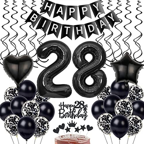 Schwarz 28. Geburtstag Dekoration, Luftballon 28. Geburtstag Deko, Schwarz Tortendeko 28 Jahre Mann, Deko 28. Manner Frau, Deko 28. Ballons