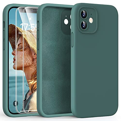 HATOSHI 3-in-1 iPhone 12 Hülle mit 2 Stück Schutzglas, Flüssig Silikon Anti-Rutsch Kratzfestes Stoßfest Handyhülle iPhone 12 Schutzhüll, Mitternachtsgrün