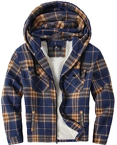 zitysport Hemdjacke Herren Hemd Sherpa Fleece Kariert Gefüttert Kapuzenpullover Fleecefutter Mantel Winter Jacke mit Taschen Flanellhemd Kariertes Männer Sweatjacke mit Kapuze(Blau Orange,XL)