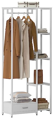 sogesfurniture Kleiderständer mit Kleiderstange, Freistehender Garderobenständer mit 4 Ablage und 1 Schublade zur Kleideraufbewahrung, aus Holz und Metal, 80 * 34 * 180cm, Weiß