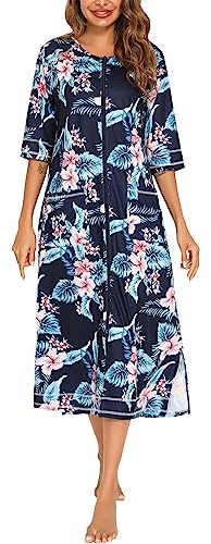 KBOPLEMQ Damen Reißverschluss Bademantel 3/4 Ärmel Hauskleid in voller Länge Nachtwäsche Duster Hausmantel mit Taschen Ganzkörpermantel aus weicher Baumwolle mit Taschen Nachtwäsche Sleepwear