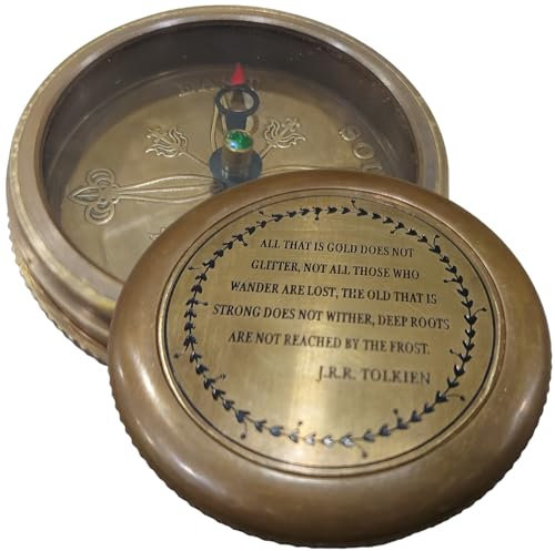 Dolchi Tolkien-inspirierter Vintage-Kompass aus Messing mit Ledertasche - Magnetischer Richtungskompass für Navigation, Camping, Wandern und Touren - Not All Who Wander are Lost - Einzigartiges
