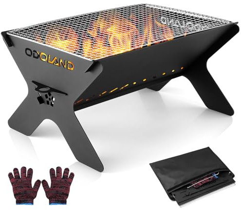 Odoland Foyer de camping portable 2 en 1 avec grille de cuisson amovible pour barbecue en plein air, avec sac de transport