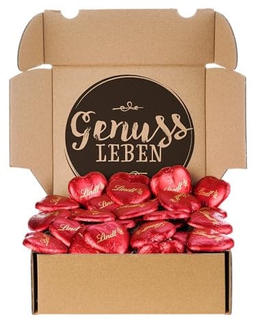 Genussleben Box mit Herz Lindt Schokolade Vollmilch Schokoladenherzen Geschenkidee mit 700g Süßigkeiten Pralinen einzeln verpackt, ca. 36 Herzen, ideal zum Muttertag