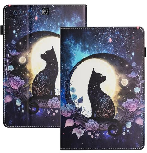 LSPCASA Coque pour Samsung Galaxy Tab S2 9.7 Pouces PU Leder avec Porte Carte Fonction de Support Protection Tablette Étui pour Samsung Galaxy Tab S2((SM-T810/T813/T815/ T819)-Chat Lunaire