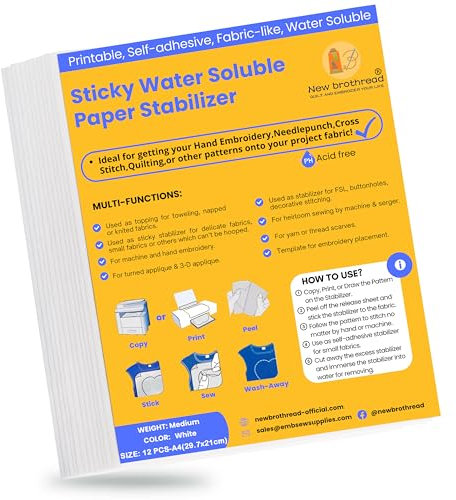 New brothread 12PCS A4 (29.7x21cm) Estabilizador de bordado Autoadhesivo soluble en agua Papel de bordar imprimible - Peso Medio - Adecuado para imprimir o dibujar patrones, bordar a mano y a máquina