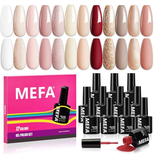 MEFA Brown Gel Nail Polish Set, 12 Colors - White Nude, Burgundy Red, Pink - UV LED Soak Off Gel Manicure at Home DIY Salon for Women