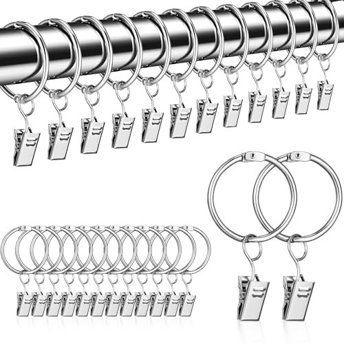 RYAN 50 Stück Gardinenringe Mit 50 Stück Vorhang Clips,Gardinenringe Mit Clips,Vorhangringe Geeignet für Vorhänge,Gardinenstangen und Duschvorhänge,Innendurchmesser 30 mm (Silber)