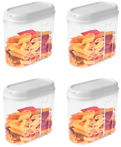 Tradineur - Pack de 4 recipientes de plástico reutilizables con tapa, botes, almacenaje, pasta, legumbres, cereales, frutos secos, café, fabricado en España (Tapa blanca, 1 litro, 14 x 15,5 x 7,8 cm)