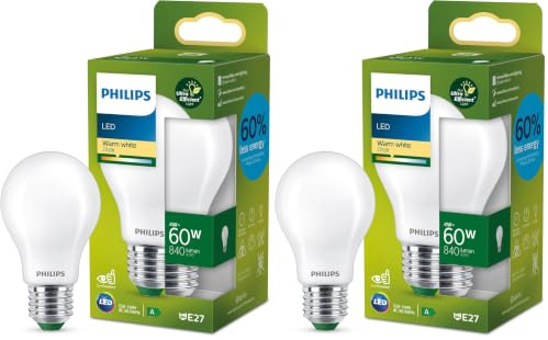 PHILIPS Ultra Efficient - Ultra Energy Saving Lights, LED Light Source, 60W, A60, E27, Warm White 2700 Kelvin, Frosted (Pack of 2)