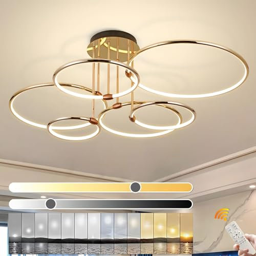 YYUTLUO LED Deckenleuchte, Ø105cm Goldener Metallkreis Kronleuchter 145W Stufenlos Dimmbar 3000–6000K Moderner Runder Galvanisierter Anhänger Schlafzimmer Wohnzimmer Kinder Büro Arbeitszimmer(6 Ringe)