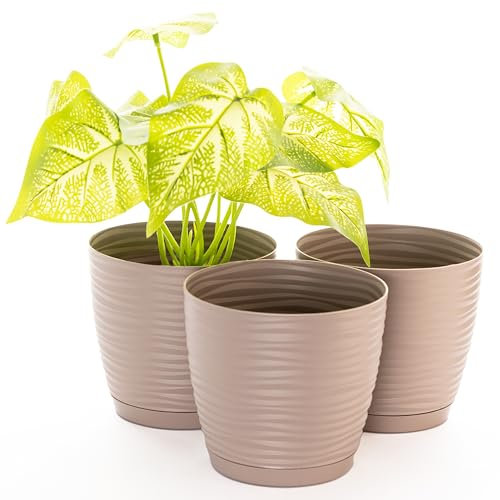 Home Garden Ornaments Wave Pot de Fleur Interieur, Pots de Fleurs Exterieur Lot de 3, Soucoupe Intégrée et Trous de Drainage - 3D Effet Pot Plante Intérieur (Diamètre: 15cm, Couleur: Taupe)