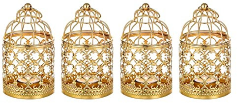 4 Stück kleine Teelicht-Hänge-Vogelkäfig-Laternen, goldene Laternen für Kerzen, dekorative Vintage-Mittelstücke für Hochzeit und Party, Teelichthalter, Weihnachtskerzenhalter, Dekorationen