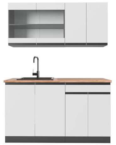 Vicco Singleküche R-Line, Küchenzeile Single, Weiß/Anthrazit, 140 cm, AP Eiche