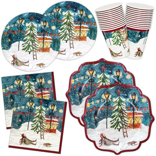 HNH 96 Pezzi Piatti, Tovaglioli e Bicchieri di carta Natale, Campo di neve Piatti di carta da dessert usa e getta Set di Stoviglie monouso per feste