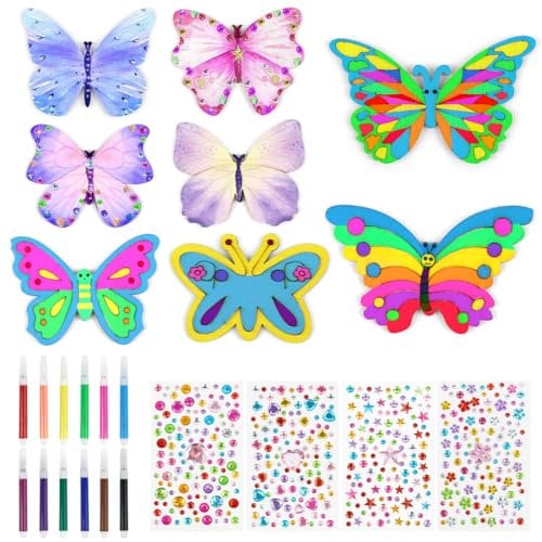 40 Stück Bastelset Holz Schmetterling, Schmetterlinge Basteln Kinder, 24 Schmetterling Holz zum Bemalen mit 12 Aquarellstift, 4 Edelsteinaufkleber, Holz Bastelset für DIY Handwerk, Kindergeburtstag