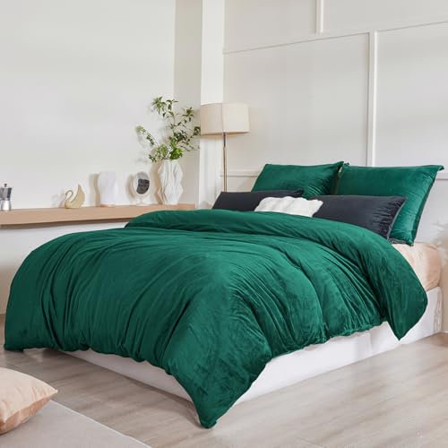 Beqnat Winter Flanell Bettwäsche 220x240 3teilig Warme Flauschige Teddy Plüsch Bettwäsche Sets Cashmere Touch Winterbettwäsche Fleece 1 Bettbezug + Kissenbezug 2er 80x80 mit Reißverschluss, Dunkelgrün