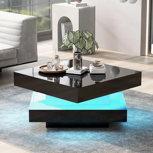 ModernLuxe Square High Gloss Coffee Table, Stylish Side Table with 360° Rotating Top and 16-Color LED Light, USB Powered, Center Tables for Living Room and Office, Black, 70x70x36cm
