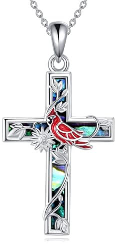 YFN Sonnenblume Kreuz Halskette Sterling Silber Rot Kardinal Kreuz Anhänger Abalone Shell Schmuck Religiöse Christliche Taufe Geschenke für Sie Damen Herren